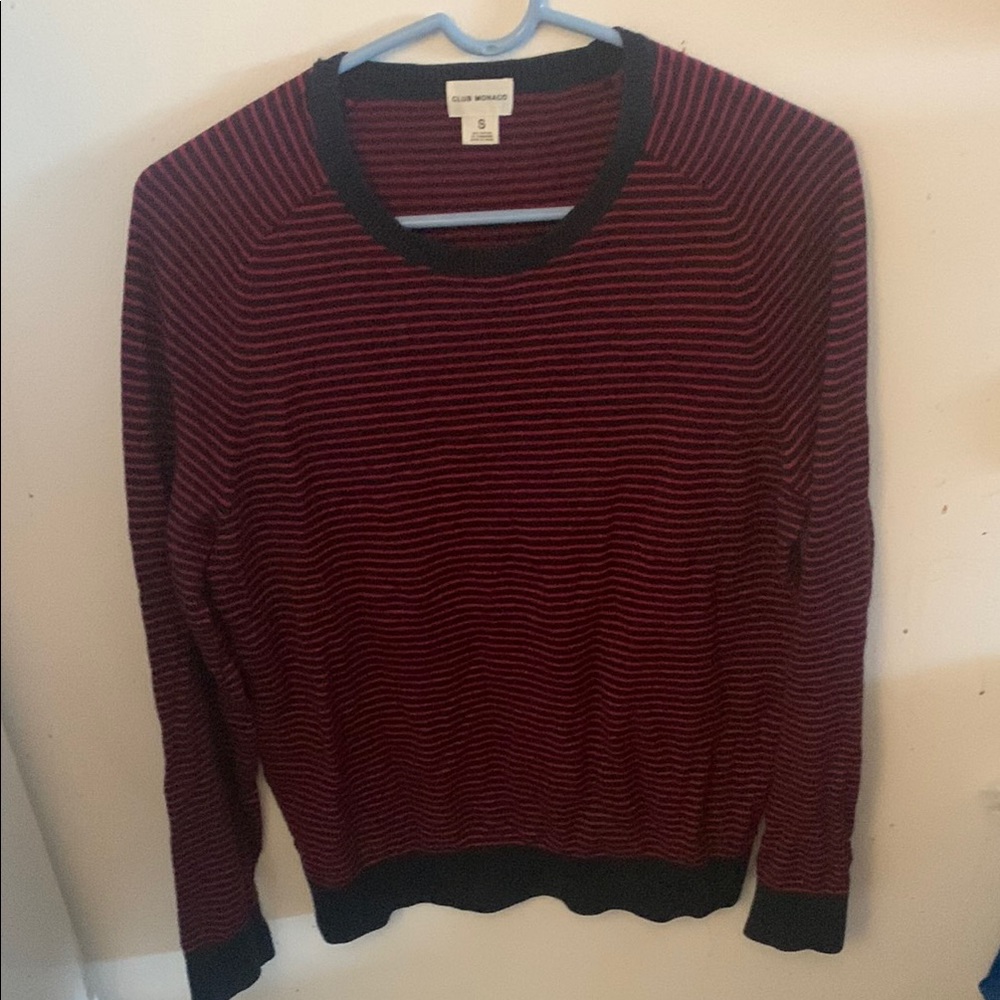 Gorgeous Club Monaco Cotton Cashmere red/black Striped Crewneck Sweater SZ Small